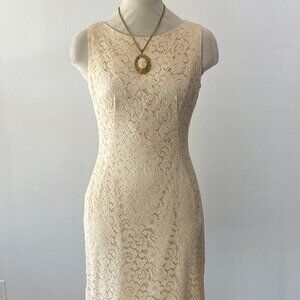 Vintage 60s Cream Lace Dress Cocktail Sheath Wide Scoop Neck Knee Length XS/S